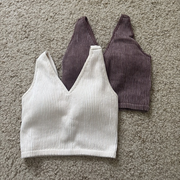 90 Degree By Reflex Tops - 90 Degree By Reflex Ribbed V-Neck Crop Tops - White and Purple